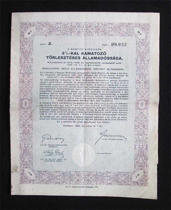 Államadóssági Kötvény Járadékkölcsön 50 pengõ 1942